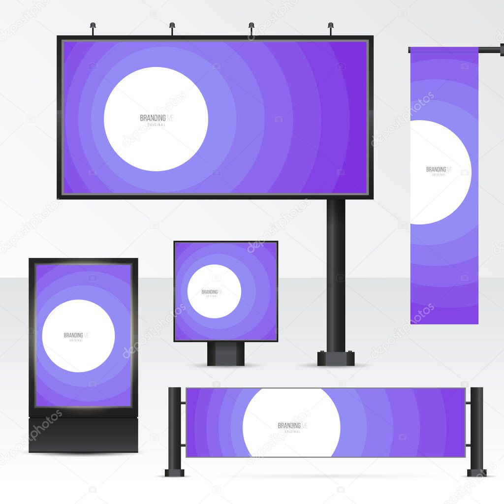 Mockup billboard, city light, horizontal and vertical banners. Set objects for outdoor advertising. Template for branding on white background. Vector illustration.