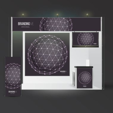 Marka sergisi şablonu. Reklam, kurumsal kimlik ya da sunum için bir model. Soyut çokgen küreye sahip elementleri tasarla.