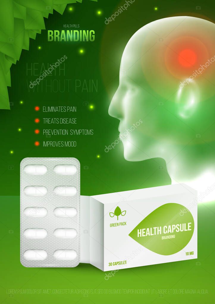 Template design branding medical products for treatment of headaches. Promotion packaging with capsules blister. Mockup to ads, cover, poster for health and beauty. 3d blank vector illustration.