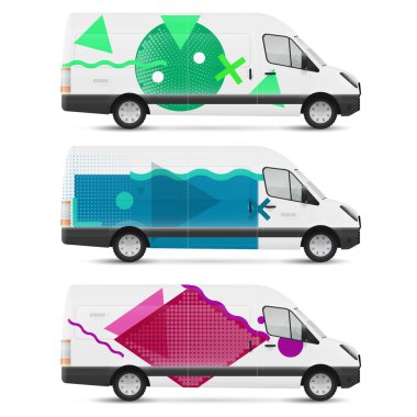 Marka tasarım şablonları modern geometrik tarzda beyaz otobüsleri gösteriyor. Reklam, iş ve kurumsal kimlik için ulaşımı düzenle.