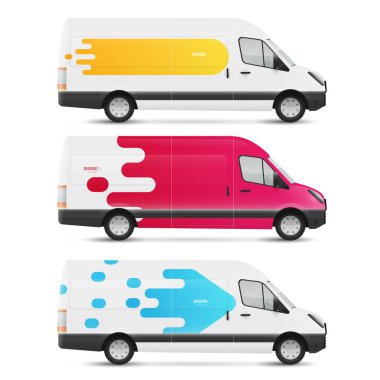 Marka tasarım şablonları modern geometrik tarzda beyaz otobüsleri gösteriyor. Reklam, iş ve kurumsal kimlik için ulaşımı düzenle.