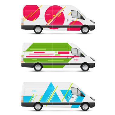 Marka tasarım şablonları modern geometrik tarzda beyaz otobüsleri gösteriyor. Reklam, iş ve kurumsal kimlik için ulaşımı düzenle.