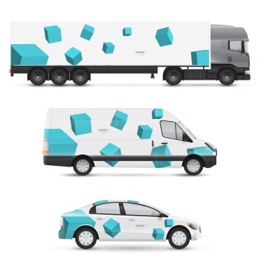 Taşıma için dizayn şablonları. Yolcu vagonunun, otobüsün ve minibüsün maketi. Reklam ve kurumsal kimlik damgası. Grafik ögeleri.