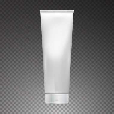 Bakım yüzü ve cildi için kapağı olan boş ve temiz tüplerin vektör maketi. Kozmetik krem ve vücut losyonu markalaştırmak için 3D beyaz plastik kap. Boş paket şeffaf arkaplanda izole edildi.