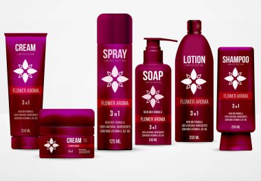 Gerçekçi kırmızı kozmetik şişe seti, kap ve tüp. Marka kremi, sabun, şampuan, losyon, sprey. Reklam tasarım şablonu. Beyaz arkaplanda vektör illüstrasyonu.