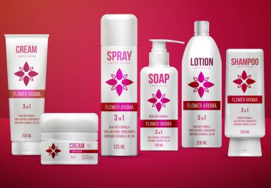 Gerçekçi beyaz kozmetik şişe seti, kap ve tüp. Marka kremi, sabun, şampuan, losyon, sprey. Reklam tasarım şablonu. Kırmızı arkaplanda vektör illüstrasyonu.