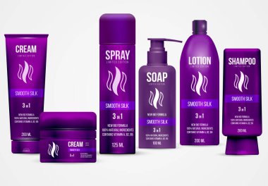 Gerçekçi menekşe kozmetik şişe, kap ve tüp seti. Marka kremi, sabun, şampuan, losyon, sprey. Reklam tasarım şablonu. Beyaz arkaplanda vektör illüstrasyonu.