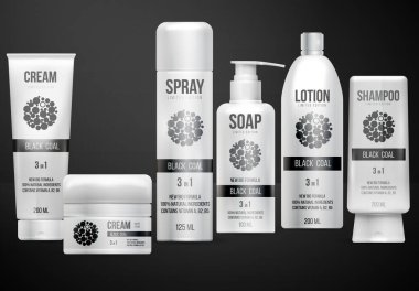 Gerçekçi beyaz kozmetik şişe seti, kap ve tüp. Marka kremi, sabun, şampuan, losyon, sprey. Reklam tasarım şablonu. Siyah arkaplanda vektör illüstrasyonu.