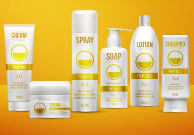 Gerçekçi beyaz kozmetik şişe seti, kap ve tüp. Marka kremi, sabun, şampuan, losyon, sprey. Reklam tasarım şablonu. Sarı arkaplanda vektör illüstrasyonu.