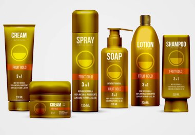 Gerçekçi sarı kozmetik şişe seti, kap ve tüp. Marka kremi, sabun, şampuan, losyon, sprey. Reklam tasarım şablonu. Beyaz arkaplanda vektör illüstrasyonu.