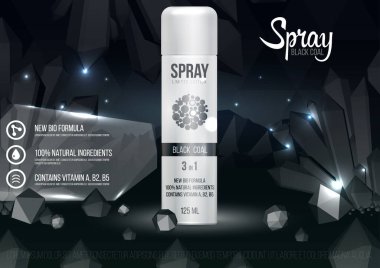 Şablon tasarımı kozmetik ürünü parlak metal sprey şişesi ve kristal siyah arka plan. Reklam, dergi, reklam, markalaşma, baskı, kapak. Moda 3d vektör illüstrasyonu.