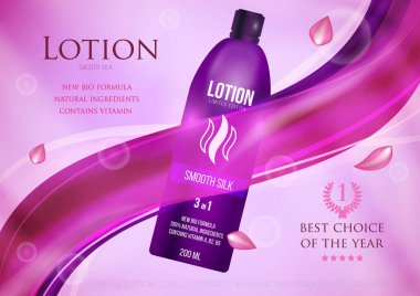 Şablon projesi kozmetik ürünü, mor ipek arka planda kapaklı losyon plastik şişe. Reklam, dergi, reklam, markalaşma, baskı, kapak. Moda 3d vektör illüstrasyonu.
