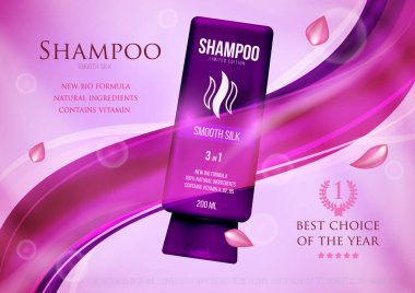 Şablon projesi kozmetik ürünü, şampuan kapaklı tüp, menekşe rengi ipek arka plan jeli. Reklam, dergi, reklam, markalaşma, baskı, kapak. Moda 3d vektör illüstrasyonu.