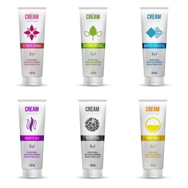 Boş ve temiz tüp vektör modellemesini krema için kapakla ayarla. Markalaşma, reklam ve kimlik için 3D beyaz plastik kap dizayn et. Boş paket beyaz arkaplanda izole edildi.