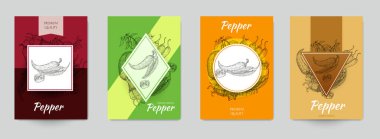 Markalaştırma, kapak paketi, kimlik, afiş, promosyon, kart, retro klasik el çizimi ile kırmızı biberli etiket, çizimler, oymalı stil. Modern arka plan. Vektör illüstrasyonu.