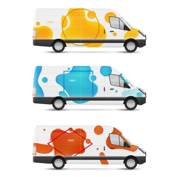 Marka tasarım şablonları modern geometrik tarzda beyaz otobüsleri gösteriyor. Reklam, iş ve kurumsal kimlik için ulaşımı düzenle.