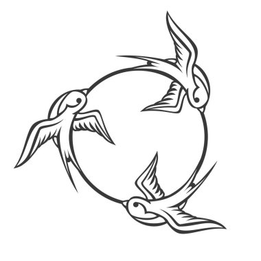 Beyaz arka planda tek renk kırlangıç şeklinde uçan üç tane. Eski moda dövmeler, baskılar, etiketler, posterler için modası geçmiş klasik tarzda dizayn edilmiş bir kuş. Vektör illüstrasyonu.