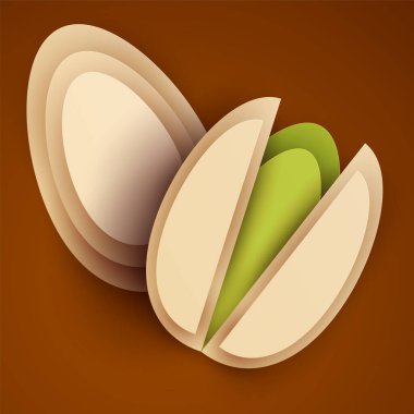 Modern geometrik 3 boyutlu kağıt kesim tarzında yarım şam fıstığı renkli arka planda izole edilmiş bir çizgi film. Canlı yaratıcı vektör sanat öğesi. Soyut tasarım illüstrasyonunun minimalist kavramı.