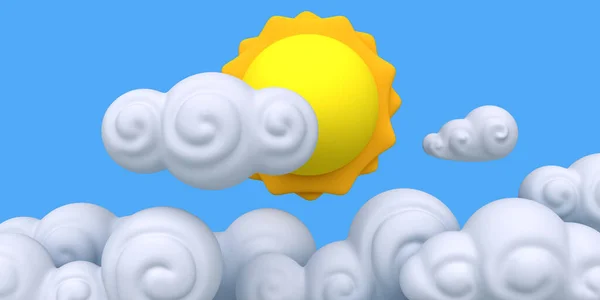 Güneş Bulutlu Mavi Gökyüzü Şeklindeki Komik Bir Çizgi Film Parlak — Stok fotoğraf
