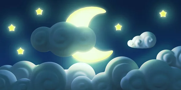 Stylized funny cartoon night sky with moon, stars and clouds. Bright design composition element. Children clay, plastic or soft toy. Colorful 3d illustration.