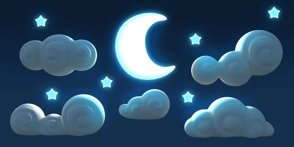 Gaya Lucu Kartun Langit Malam Dengan Bulan Bintang Dan Awan — Stok Foto