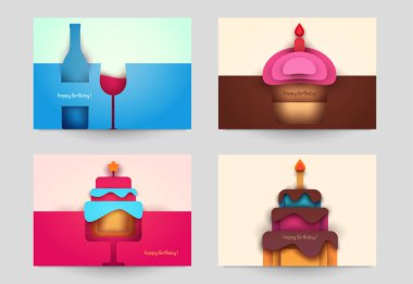 Doğum günü için koleksiyon şablonları kapağı. Modern geometrik kağıt kesim tarzında soyut sanat kompozisyonu. Pankart, el ilanı, davetiye ve tebrik kartı için minyatür konsept tasarımı. Vektör illüstrasyonu.