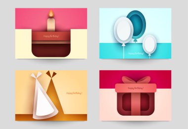 Doğum günü için koleksiyon şablonları kapağı. Modern geometrik kağıt kesim tarzında soyut sanat kompozisyonu. Pankart, el ilanı, davetiye ve tebrik kartı için minyatür konsept tasarımı. Vektör illüstrasyonu.