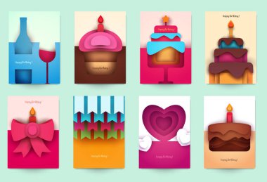 Doğum günü için koleksiyon şablonları kapağı. Modern geometrik kağıt kesim tarzında soyut sanat kompozisyonu. Pankart, el ilanı, davetiye ve tebrik kartı için minyatür konsept tasarımı. Vektör illüstrasyonu.