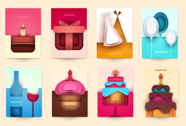 Doğum günü için koleksiyon şablonları kapağı. Modern geometrik kağıt kesim tarzında soyut sanat kompozisyonu. Pankart, el ilanı, davetiye ve tebrik kartı için minyatür konsept tasarımı. Vektör illüstrasyonu.