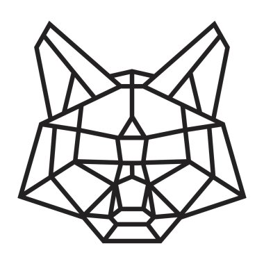 Beyaz arka planda izole edilmiş tek renkli geometrik çokgen şekilli çizgilerden kedi kafası silueti. Etiket, baskı veya poster için modern grafik tasarım ögesi. Vektör sanatı illüstrasyonu.