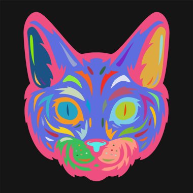 Elle çizilmiş kedi kafası. Siyah arka planda izole edilmiş çizim rengi. Etiket ya da poster için modern pop sanat grafik tasarım elementi. Vektör sanatı illüstrasyonu.