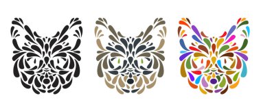 Kedi kafasının parçacıklardan ya da yapraklardan toplanmış siluetleri beyaz arka planda izole dekoratif tarzda. Etiket veya poster için modern grafik tasarım ögesi. Vektör sanatı illüstrasyonu.