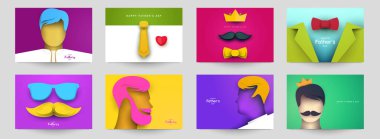 Babalar Günü konsepti minimalist modern kağıt kesim tarzında. Kart, afiş, poster ve kapak için koleksiyon arka plan şablonları. Parlak tasarım elemanı. Yaratıcı vektör illüstrasyonu.