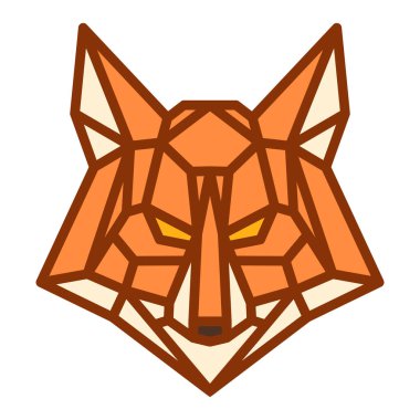 Beyaz arka planda izole edilmiş renkli geometrik çokgen şekilli tilki veya kurt kafası silueti. Etiket, baskı veya poster için modern grafik tasarım ögesi. Vektör sanatı illüstrasyonu.