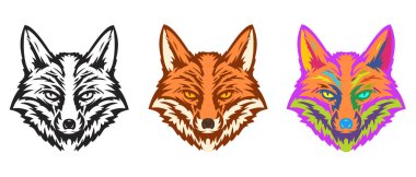 Elle çizilmiş tilki kafası koleksiyonu beyaz arka planda izole edilmiş taslak tarzı. Etiket veya poster için modern grafik tasarım ögesi. Vektör sanatı illüstrasyonu.