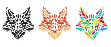 Beyaz arka planda izole edilmiş, elinde parçacıklar ya da yapraklar bulunan tilki kafası siluetleri koleksiyonu. Etiket veya poster için modern grafik tasarım ögesi. Vektör sanatı illüstrasyonu.