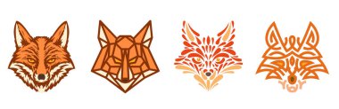 Beyaz arka planda izole edilmiş tilki ya da kurt kafasının değişik renkte siluetleri. Etiket, baskı veya poster için modern grafik tasarım ögesi. Vektör sanatı illüstrasyonu.