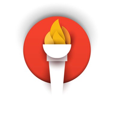 Alevli meşale modern yaratıcı kağıt beyaz arka planda kesim stili. Minimalist tasarım elemanı. Marka spor yarışması ve oyunlar için yaratıcı tasarım konsepti. Vektör illüstrasyonu.