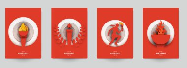 Aksiyon sporları için şablonları modern kağıt kesim tarzında ayarla. Minimalist tasarım elementleri. Marka arkaplan afişi, poster, kart, kapak için yaratıcı bir kavram. Vektör illüstrasyonu.