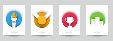 Aksiyon sporları için şablonları modern kağıt kesim tarzında ayarla. Minimalist tasarım elementleri. Marka arkaplan afişi, poster, kart, kapak için yaratıcı bir kavram. Vektör illüstrasyonu.