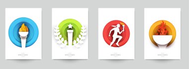Aksiyon sporları için şablonları modern kağıt kesim tarzında ayarla. Minimalist tasarım elementleri. Marka arkaplan afişi, poster, kart, kapak için yaratıcı bir kavram. Vektör illüstrasyonu.