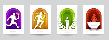 Aksiyon sporları için şablonları modern kağıt kesim tarzında ayarla. Minimalist tasarım elementleri. Marka arkaplan afişi, poster, kart, kapak için yaratıcı bir kavram. Vektör illüstrasyonu.