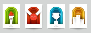 Aksiyon sporları için şablonları modern kağıt kesim tarzında ayarla. Minimalist tasarım elementleri. Marka arkaplan afişi, poster, kart, kapak için yaratıcı bir kavram. Vektör illüstrasyonu.