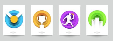 Aksiyon sporları için şablonları modern kağıt kesim tarzında ayarla. Minimalist tasarım elementleri. Marka arkaplan afişi, poster, kart, kapak için yaratıcı bir kavram. Vektör illüstrasyonu.