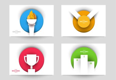 Aksiyon sporları için şablonları modern kağıt kesim tarzında ayarla. Minimalist tasarım elementleri. Marka arkaplan afişi, poster, kart, kapak için yaratıcı bir kavram. Vektör illüstrasyonu.