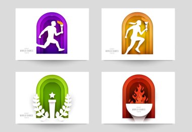 Aksiyon sporları için şablonları modern kağıt kesim tarzında ayarla. Minimalist tasarım elementleri. Marka arkaplan afişi, poster, kart, kapak için yaratıcı bir kavram. Vektör illüstrasyonu.