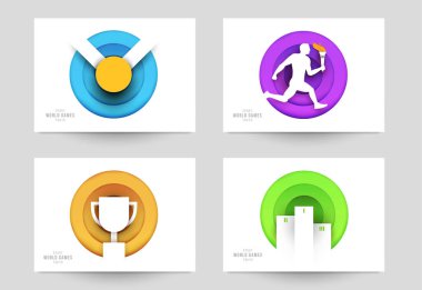 Aksiyon sporları için şablonları modern kağıt kesim tarzında ayarla. Minimalist tasarım elementleri. Marka arkaplan afişi, poster, kart, kapak için yaratıcı bir kavram. Vektör illüstrasyonu.