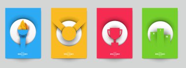 Aksiyon sporları için şablonları modern kağıt kesim tarzında ayarla. Minimalist tasarım elementleri. Marka arkaplan afişi, poster, kart, kapak için yaratıcı bir kavram. Vektör illüstrasyonu.