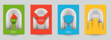 Aksiyon sporları için şablonları modern kağıt kesim tarzında ayarla. Minimalist tasarım elementleri. Marka arkaplan afişi, poster, kart, kapak için yaratıcı bir kavram. Vektör illüstrasyonu.