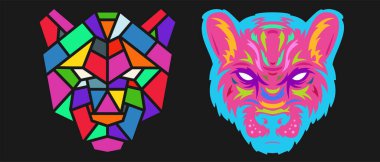 Collection silhouettes of panther head in color different styles isolated on black background. Modern graphic design element for label, print or poster. Vector pop art illustration.